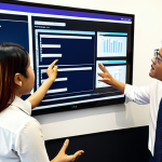 **

A diverse group of Malaysian office workers collaborating around a large digital screen displaying a knowledge management system interface. The screen shows features like advanced search, document version control, and integrated CRM data. Emphasize the collaborative aspect and the user-friendly technology. Set in a modern Kuala Lumpur office.

**