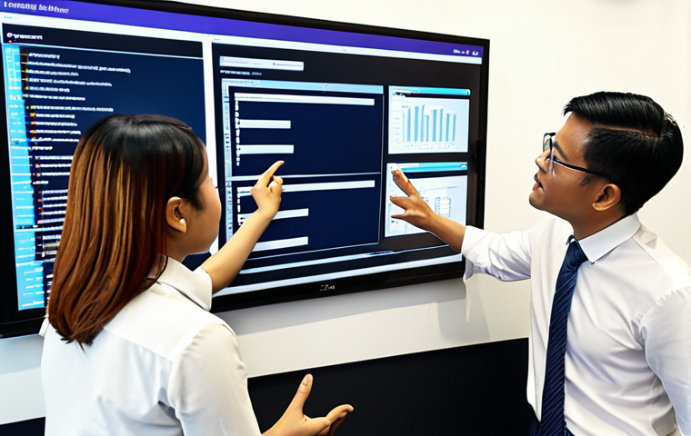 **
A diverse group of Malaysian office workers collaborating around a large digital screen displaying a knowledge management system interface. The screen shows features like advanced search, document version control, and integrated CRM data. Emphasize the collaborative aspect and the user-friendly technology. Set in a modern Kuala Lumpur office.
**